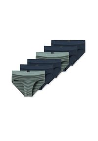 Boxer-Briefs im Fünferpack, bestehend aus einem einfarbigen dunkelblauen, zwei einfarbigen marineblauen und einem grün gestreiften Design mit einem weichen Bund.