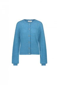 Jasnoniebieski kardigan o prążkowanej fakturze, okrągłym dekolcie i złotymi guzikami w kształcie serca z przodu. Długie rękawy i krótki fason.
