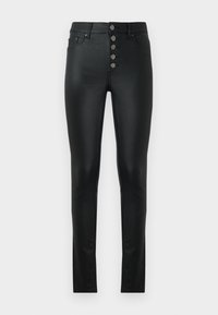 Zwarte skinny jeans met een gladde textuur, hoge taille, voorzien van een sluiting met vijf knopen en klassieke vier-pocket styling.