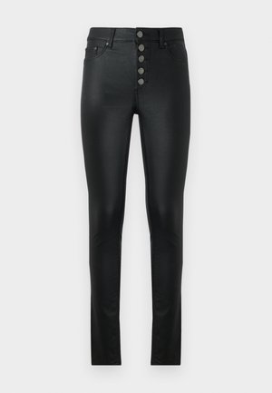 Jeans negri skinny cu o textură netedă, design cu talie înaltă, având închidere cu cinci nasturi și un stil clasic cu patru buzunare.