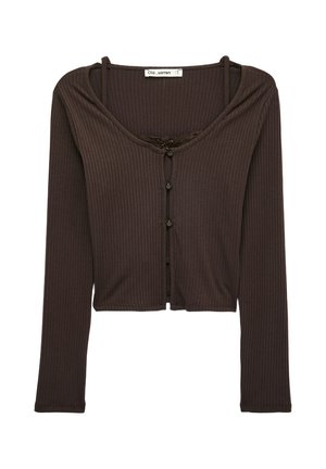Langærmet, mørkebrun ribstrikket cropped cardigan med små knapper foran og en rund udskæring med tynde stropper under.