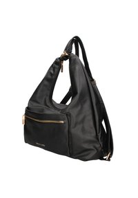 Borsa in pelle nera con un design morbido, dotata di una tasca frontale con zip e hardware in oro rosa. Texture liscia, tracolla singola.