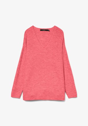 Pehme roosa soonikkoes pikkade varrukatega kampsun, millel on sügav V-kaelus ja lõdvestunud istuvus, laotatud valgele taustale.