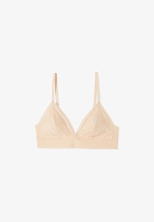 Beiger Spitzen-Bralette mit verstellbaren dünnen Trägern und einem breiten Unterbrustband, das florale Spitzenmuster auf den Cups zeigt.