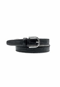 Ceinture en cuir noir avec un motif crocodile, boucle en argent et coutures détaillées le long des bords. Design élégant avec une texture lisse.