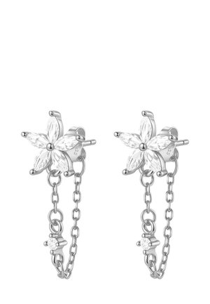 Silver flower earrings featuring a dangling chain with small gems, worn on the ear, with a hand gently touching the neck. Light background.