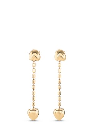 Boucles d'oreilles pendantes en or avec de petits perles rectangulaires reliées, reliant des clous en forme de cœur à de plus grands pendentifs en forme de cœur.