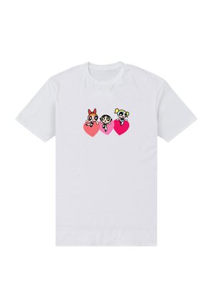 Witte katoenen t-shirt met daarop drie cartoonpersonages die op harten zijn afgebeeld. De personages omvatten een meisje met rood, zwart en blond haar.
