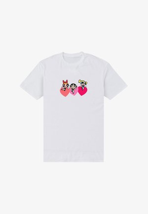 Witte katoenen t-shirt met daarop drie cartoonpersonages die op harten zijn afgebeeld. De personages omvatten een meisje met rood, zwart en blond haar.