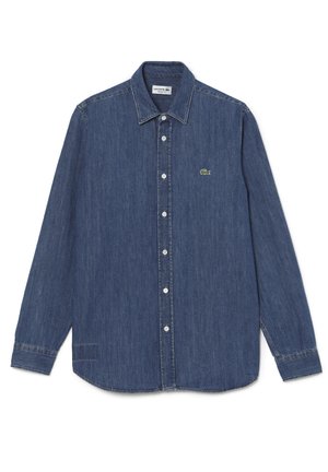 Denim shirt, dark blue, long sleeves, pointed collar, button-down front, featuring a small green crocodile logo. Hem is slightly curved.