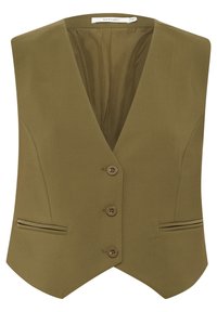 Olivgrüner ärmelloser Weste mit tiefem V-Ausschnitt, fünf Knopfverschluss und zwei frontalen Taschen, die eine glatte Textur und ein maßgeschneidertes Design bieten.