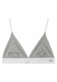 Grå bomullstriangulär bralette med vit elastisk band. Har tunna axelremmar och subtila rynkade detaljer på kuporna. Logotyp på sidan.