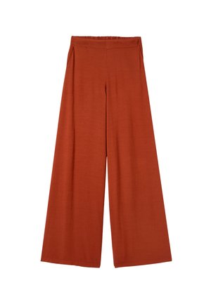 Pantalones de pierna ancha color óxido con cintura elástica y bolsillos laterales, hechos de tela suave y fluida.