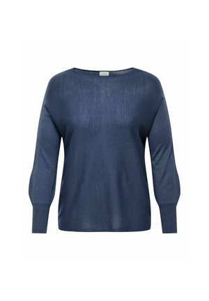 Mörkblå, långärmad topp i ett lätt, texturerat stickat tyg. Har en rund halsringning och åtsittande muddar.