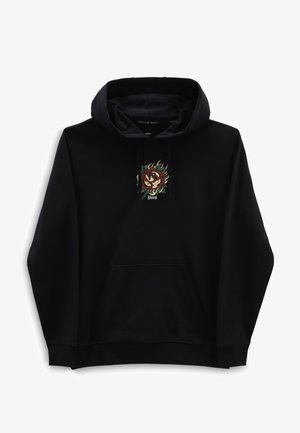 Schwarzer Hoodie mit einem roten und gelben Rosenmotiv, umgeben von grünen Blättern und Flammen über dem weißen Vans-Logo auf der Brust.