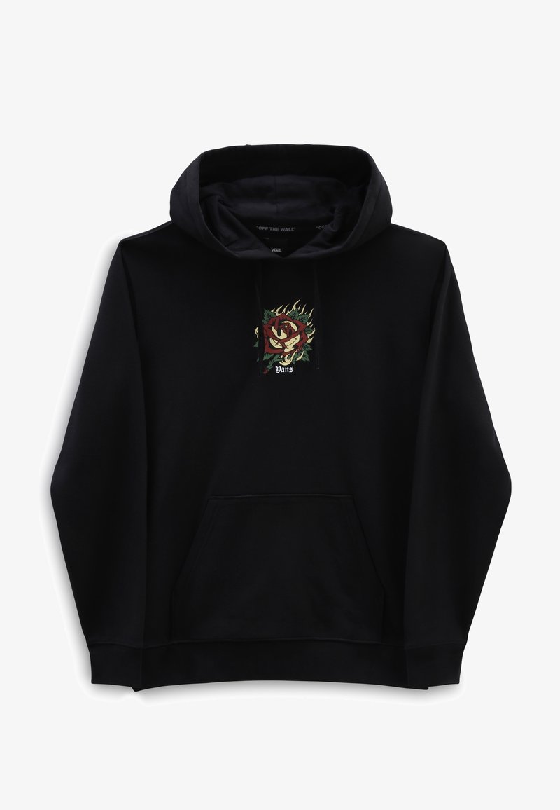 Sweat à capuche noir avec un motif de rose rouge et jaune entouré de feuilles vertes et de flammes au-dessus du logo blanc Vans sur la poitrine.