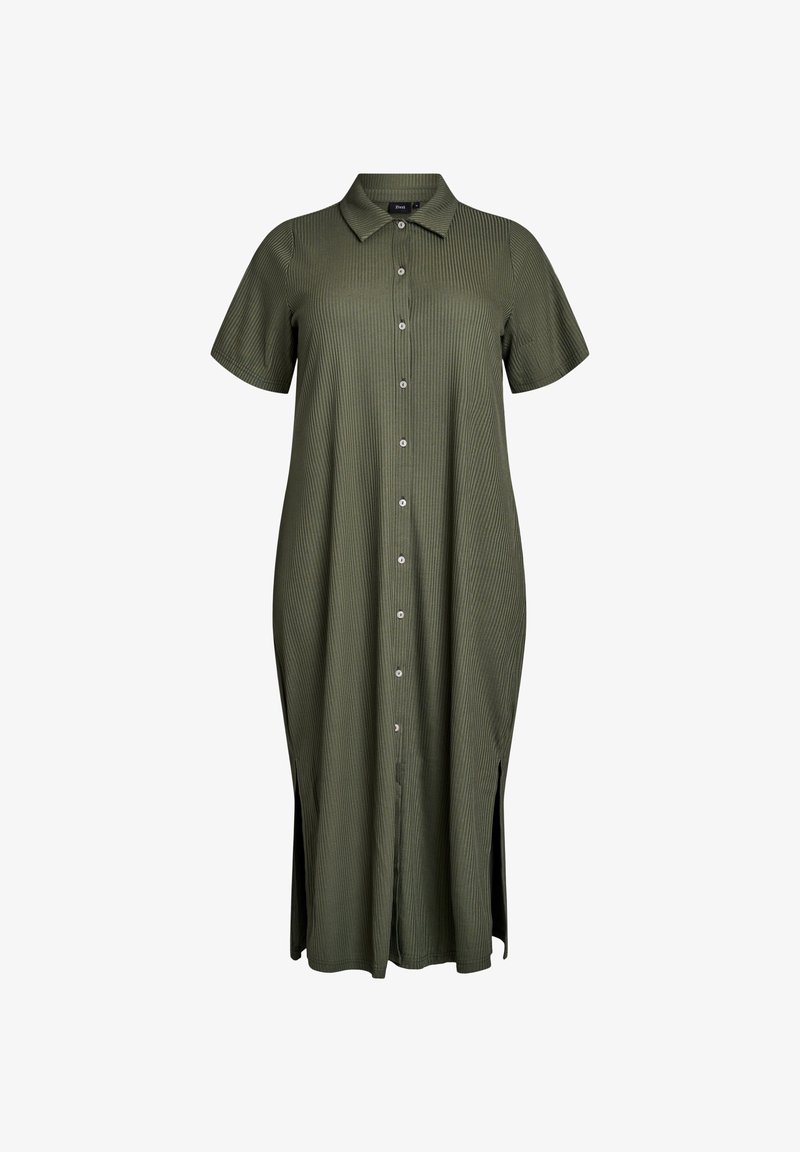 Alyvuogių spalvos, trumpomis rankovėmis suknelė su apykakle, vertikaliu raštu, priekiniais mygtukais ir šoninėmis praplatinimais patogiam judėjimui.