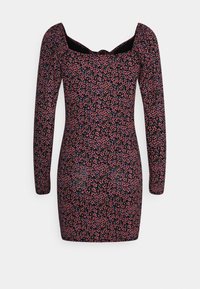 Vestido justo de manga longa, preto, com um padrão floral em rosa e azul. Decote quadrado, tecido texturizado e acabamento suave.