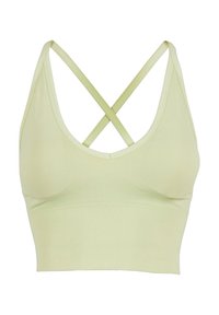 Lys grønn ribbet crop-top med brede stropper og design med kryss bak. Glatt tekstur uten synlig maskinvare eller tilleggselementer.