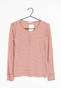 Langarmshirt aus weichem Gewebe, mit roten und weißen horizontalen Streifen, rundem Ausschnitt und Knopfleiste mit drei Knöpfen.