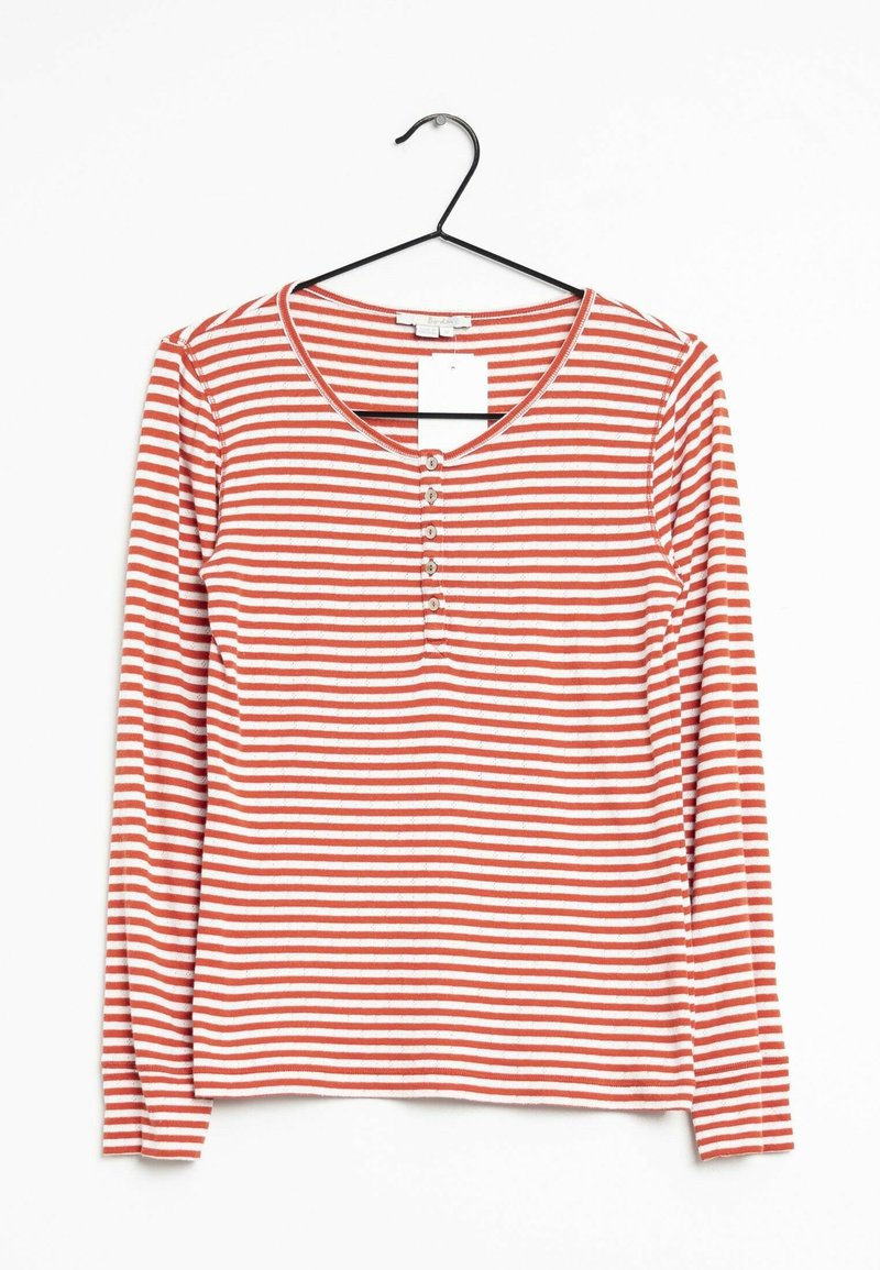 Langarmshirt aus weichem Gewebe, mit roten und weißen horizontalen Streifen, rundem Ausschnitt und Knopfleiste mit drei Knöpfen.