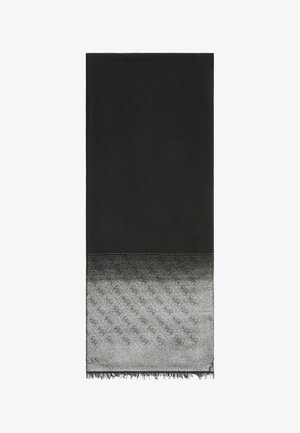 Zwarte gehaakte sjaal met een verloop van grijze patronen aan de onderkant. Rafelige randen langs de onderrand zorgen voor textuur en detail.