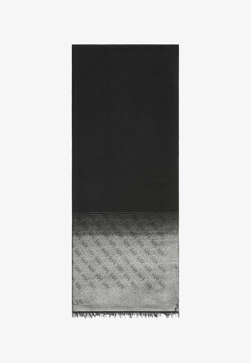 Czarny tkany szalik z gradientowym szarym wzorem na dole. Strzępione krawędzie wzdłuż dolnej krawędzi dodają tekstury i detalu.