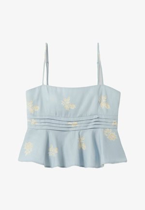 Haut court sans manches bleu clair avec fines bretelles, motifs floraux, plis horizontaux et ourlet évasé.
