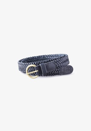 Woven leather belt in dark blue with a round brass buckle. Features a textured pattern and a leather strap for fastening.