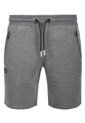 Shorts en coton gris mélangé avec un tissu texturé, cordon de serrage noir ajustable, deux poches zippées sur les côtés et accent logo sur la jambe gauche.