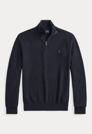 Mørk marineblå langærmet sweater med kvart lynlås, med ribstrikkede manchetter og kant, med lille broderet logo på venstre bryst.