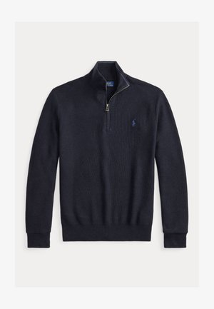 Mørk marineblå langærmet sweater med kvart lynlås, med ribstrikkede manchetter og kant, med lille broderet logo på venstre bryst.
