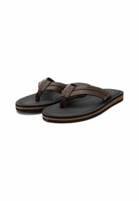 Chanclas marrones con parte superior de cuero texturizado, suela de goma y franjas de acento marrones. Presenta un diseño de tira para los dedos que brinda estabilidad y comodidad.