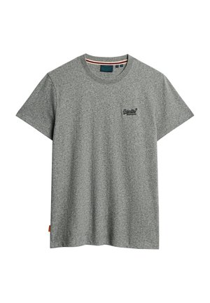 Grijze t-shirt met korte mouwen, gemaakt van een gestructureerde stof. Heeft een klein zwart logo op de borstzak en een contrasterende gestreepte kraag.