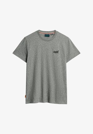 Grijze t-shirt met korte mouwen, gemaakt van een gestructureerde stof. Heeft een klein zwart logo op de borstzak en een contrasterende gestreepte kraag.