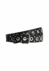 Black leather belt featuring silver metal studs and eyelets, with a rectangular buckle, and decorative knotted detail at the end.