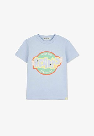 Jasnoniebieski krótki rękaw t-shirt z kolorową okrągłą grafiką z napisem "Funny Mood READY? Teraz albo nigdy" oraz kreskówkowymi rękami trzymającymi tekst.