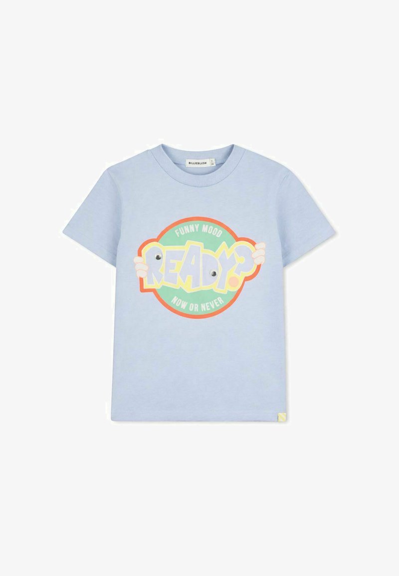 T-shirt bleu clair à manches courtes avec un graphisme circulaire coloré affichant "Funny Mood READY? Now or Never" et des mains de dessin animé tenant le texte.