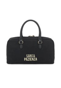 Borsa in tessuto nero con forma rettangolare, doppi manici, logo dorato "SANTA PAZIENZA" sulla parte anteriore e chiusura superiore con cerniera.