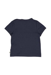 Sini t-paita lyhyillä hihoilla pehmeästä puuvillasta, jossa on pyöreä kaula-aukko ja ommellut reunat. Ei näkyviä kuvioita tai graafisia elementtejä.