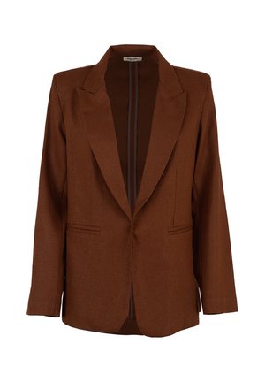 Blazer marrone monopetto con rever incernierato, maniche lunghe e due tasche frontali orizzontali, realizzato in tessuto strutturato.