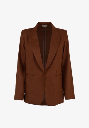 Blazer marrone monopetto con rever incernierato, maniche lunghe e due tasche frontali orizzontali, realizzato in tessuto strutturato.