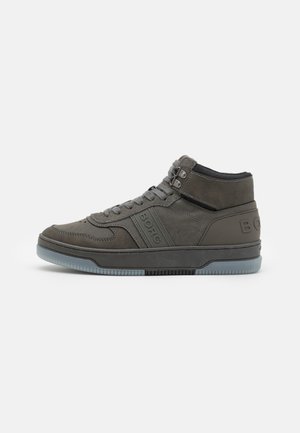 High-top sneakers made of grey suede, featuring lace-up front, padded collar, and rubber sole with subtle branding on the side.