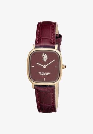Orologio quadrato in tonalità oro con quadrante rosso scuro e cinturino in pelle testurizzata, con logo U.S. Polo Assn. e semplici indicatori delle ore.