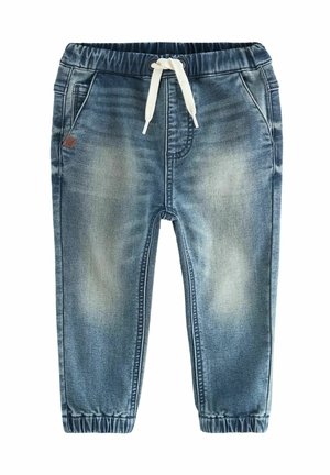 Jean jogger bleu pour tout-petit avec ceinture élastique, cordon blanc, deux poches avant et poignets élastiques, montrant des détails de lavage délavés.