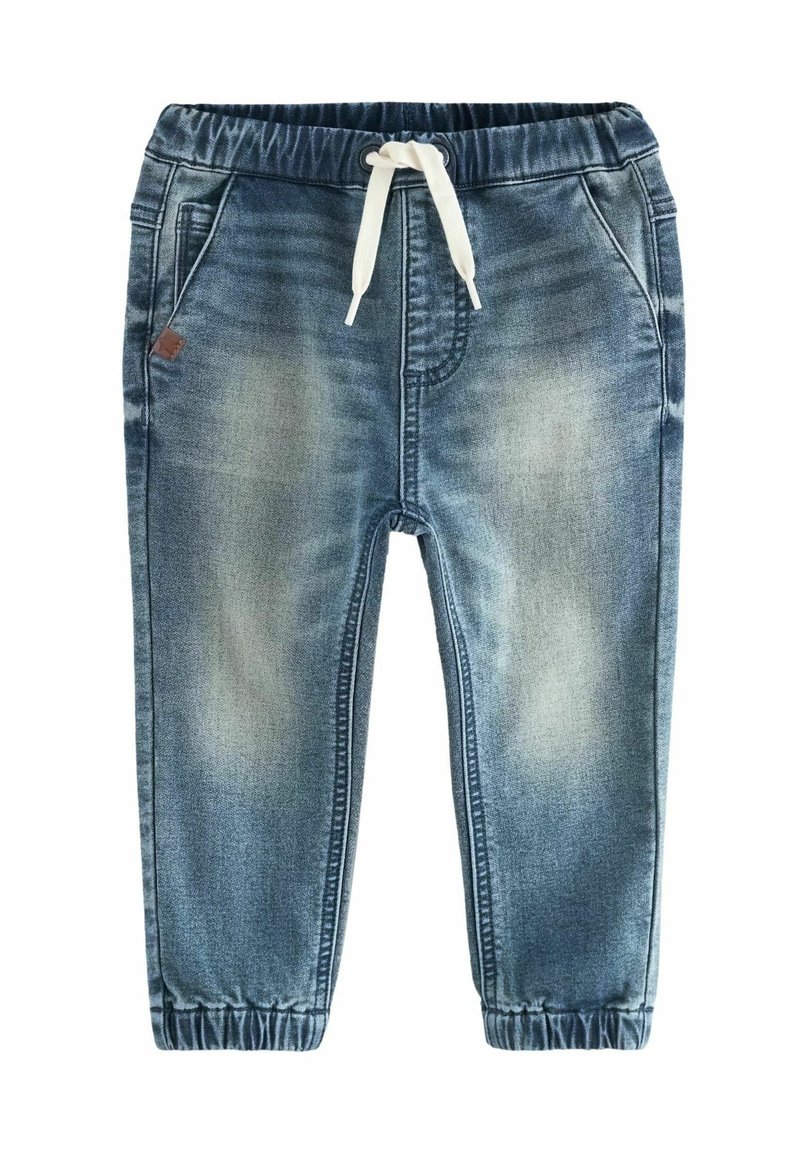 Jean jogger bleu pour tout-petit avec ceinture élastique, cordon blanc, deux poches avant et poignets élastiques, montrant des détails de lavage délavés.