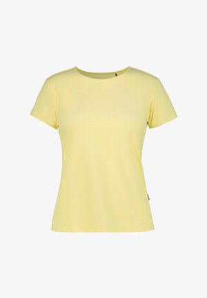 T-Shirt mit kurzen Ärmeln und rundem Ausschnitt aus weichem, geripptem gelbem Stoff, mit geradem Saum und kleinem Seitentag-Detail.