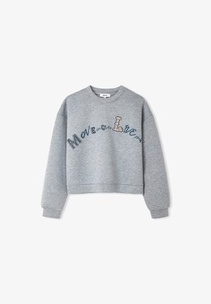 Sweatshirt gris à manches longues et coupe courte avec un texte courbé multistyle "MOVe more, LoVE more" sur la poitrine.