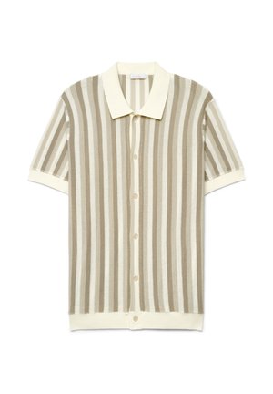 Kurzärmeliges Strickhemd mit beigen und weißen vertikalen Streifen, einem cremefarbenen Kragen, Knopfleiste vorne sowie gerippten Bündchen und Saum.