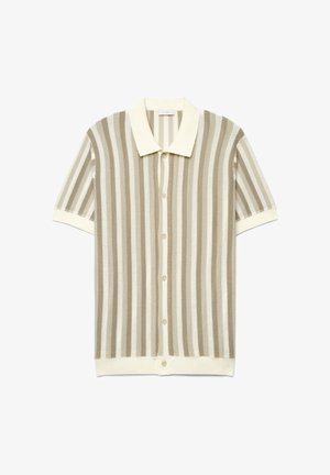 Kurzärmeliges Strickhemd mit beigen und weißen vertikalen Streifen, einem cremefarbenen Kragen, Knopfleiste vorne sowie gerippten Bündchen und Saum.